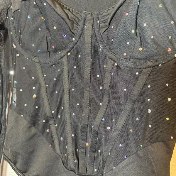 SHEIN Black with Rhinestones Faux Ribbed Bodysuit Sheer Long Sleeved Size XS - Image 2