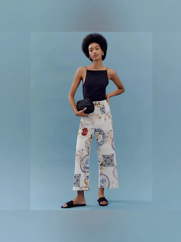 Anthropologie Maeve Colette Floral Porcelain Print Wide-Leg Pants Costal Travel - Image 3