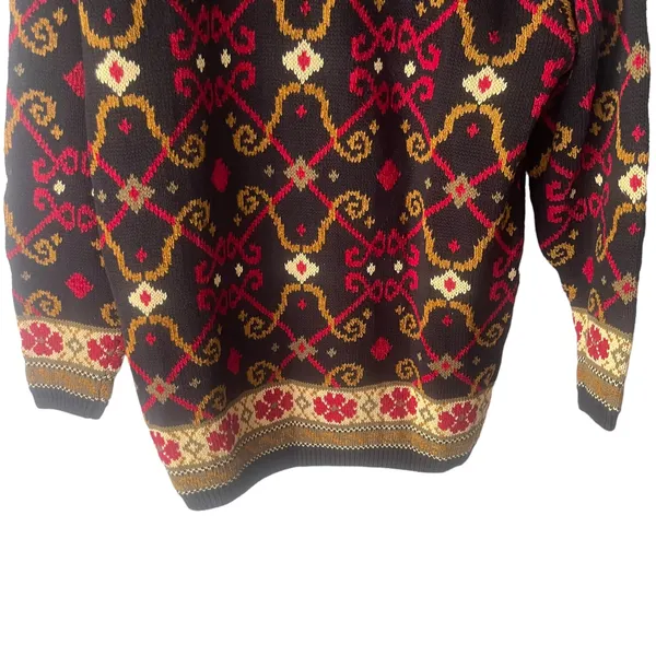Lands' End Women's Medium Chunky Knit Black‎ Geometric Pattern Crew Neck Sweater - Image 3