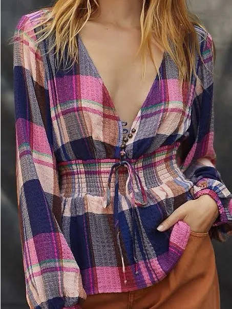 Anthropologie Pilcro Blouse Womens Large Pink Navy Plaid Smocked Waist V-Neck - Image 11