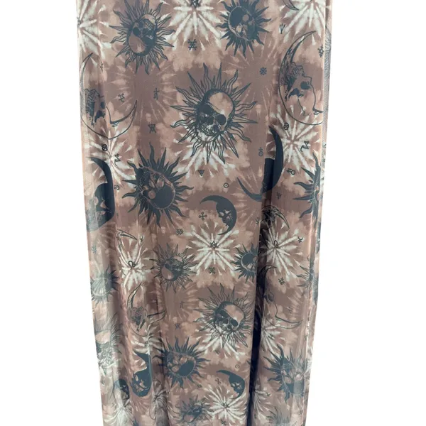 Cosmic Aura Womens XS Brown Celestial Sun Moon Skull Mesh Midi Dress Grunge - Image 3