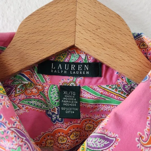 Lauren Ralph Lauren Cotton Pink Paisley Button-Down Blouse Barbie Core XL - Image 3