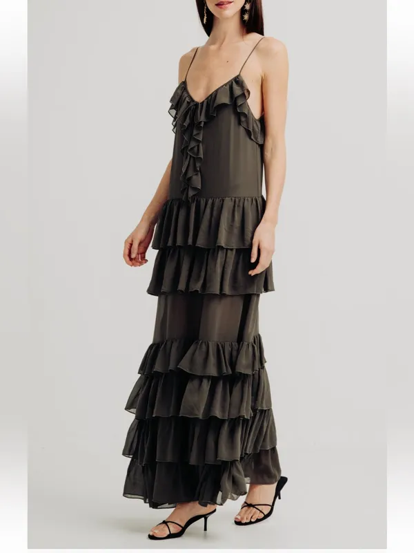 TORN BY RONNY KOBO Orcadia Tiered Ruffle Maxi Dress Dark Gray Size M NEW - Image 3