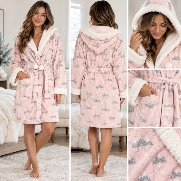 Bear Paw Pink Plush Hooded Sherpa Trim Robe, Women's M Two Pockets Belted NWT - Image 2