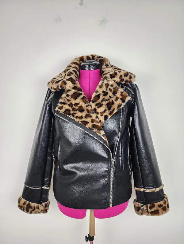 Black Faux Leather Moto Jacket with Leopard Faux Fur Accent - Image 14