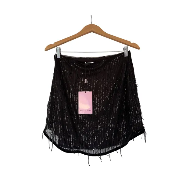 Avec Les‎ Filles Revolve Black Sequin Fringe Mini Skirt Party Size Small NEW - Image 5