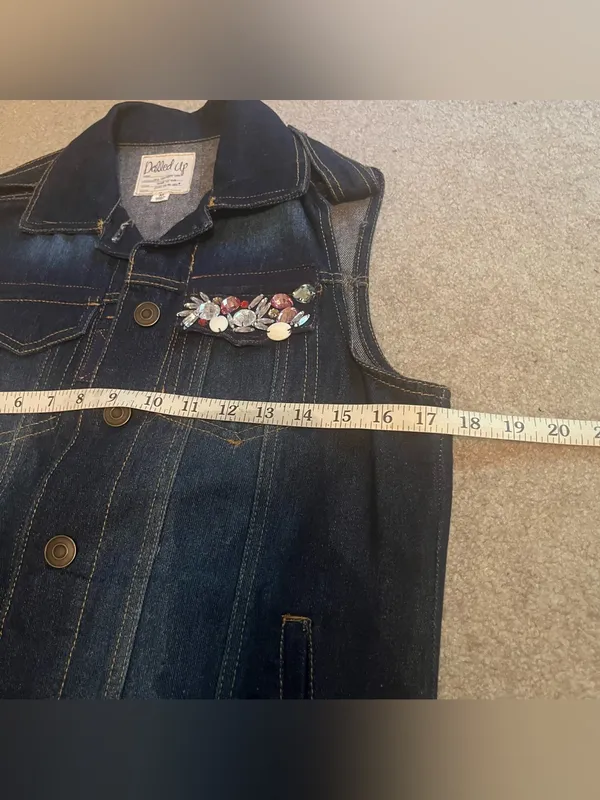 Dolled Up Vintage Women’s Dark-wash Denim Vest with Beaded Embellished Pocket - Image 13