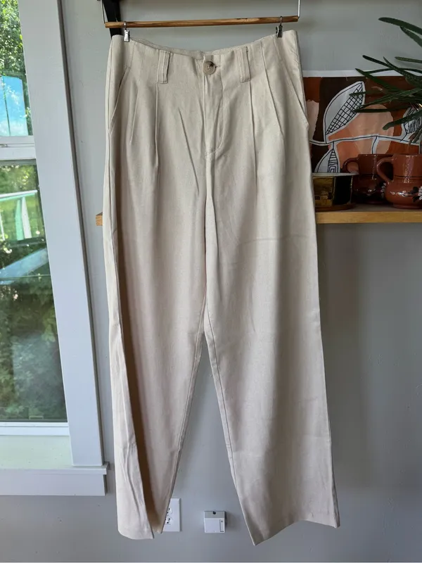 Stradivarius Cream Khaki Linen Blend Tailored Dress Pants Size 6 - Image 11