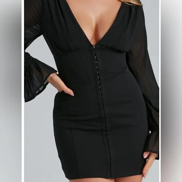 Windsor Black Corset Bodycon Mini Dress Sheer Sleeves Date Night Small - Image 2