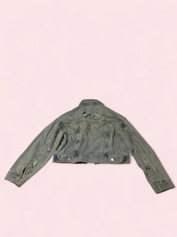 Cropped Jean Denim Jacket with Distressed & Rhinestone Detail - Image 2