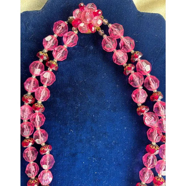 Vintage Pink Red Double Strand Acrylic Glass Bead Necklace Germany 22" MCM - Image 3