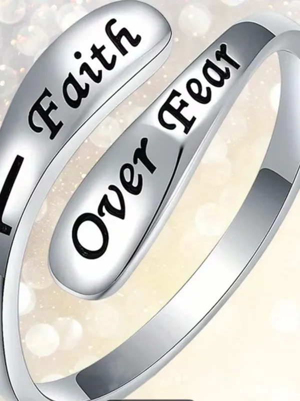 Faith Over Fear Silver Inspirational Wrap Ring Adjustable Size 6-9 - Image 2