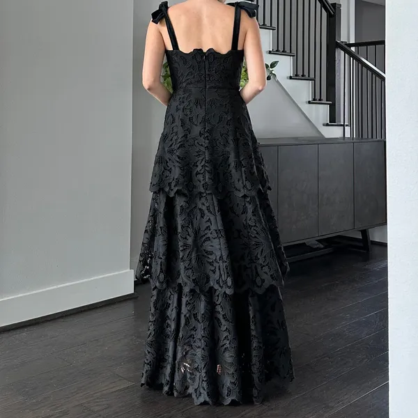 MESTIZA Cataleya Lace Floral Eyelet Tie Straps Black Midi Dress Sample - Image 4