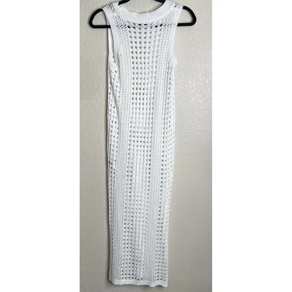 Zaful Womens XL White Crochet Cowl Neck Cover Up Maxi Dress‎ High Slit Beach - Image 2