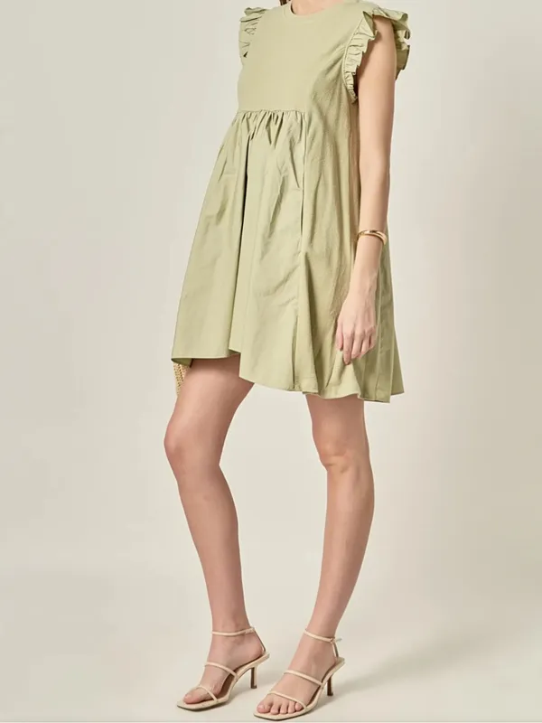 English Factory Mixed Media Mini Ruffle Sleeve Media Dress, Sage - Medium - Image 2