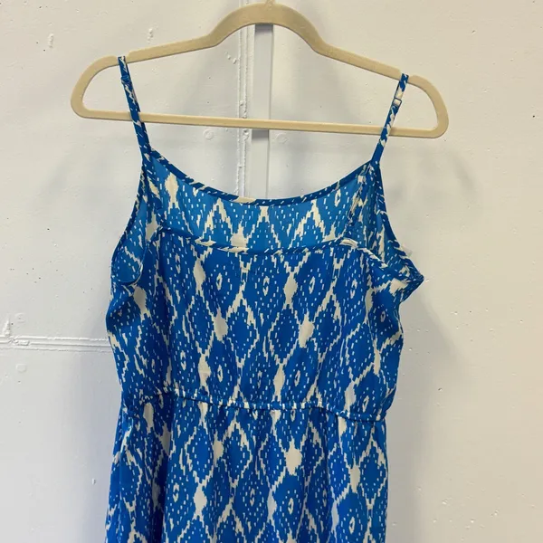 LOFT Ann Taylor Blue White Ikat Diamond High Low Midi Dress Size 10 333733 - Image 5