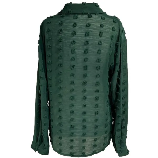 Forest Green sheer button down long sleeve blouse with textured dots - Image 6