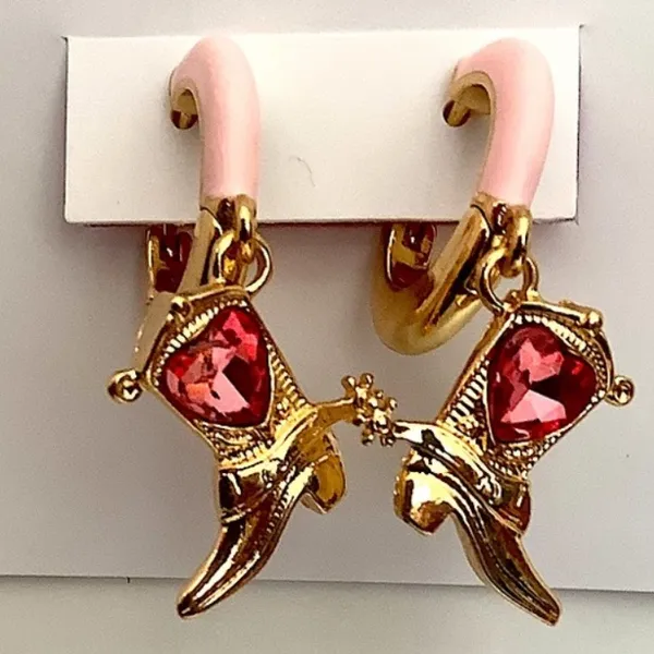 🩷👢BETSEY JOHNSON Cowboy Boot Enamel Huggie Earrings / Gold Pink Heart Crystal - Image 2