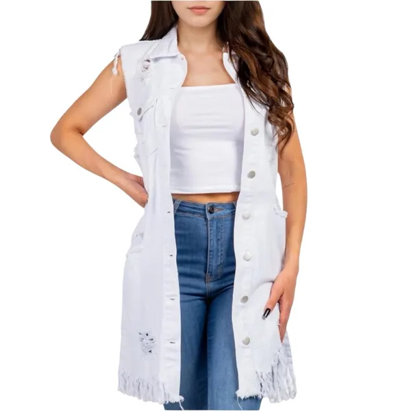 American Bazi Los Angeles long destroyed ripped jacket vest jean denim button 3X - Image 3