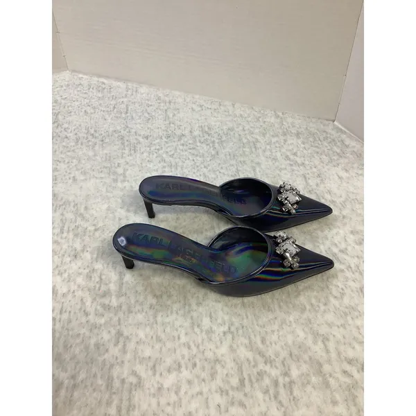 Karl Lagerfeld Sosie Blue Hologram Patent Crystal Mules Kitten Heels US 6.5‎ M - Image 4