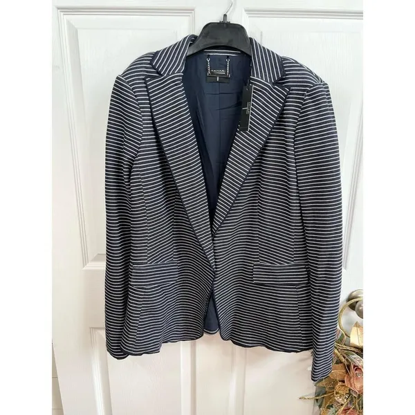 T TAHARI Blazer Size 14 Navy Striped Notched Lapel Jacket Pearl Buttons NEW - Image 4
