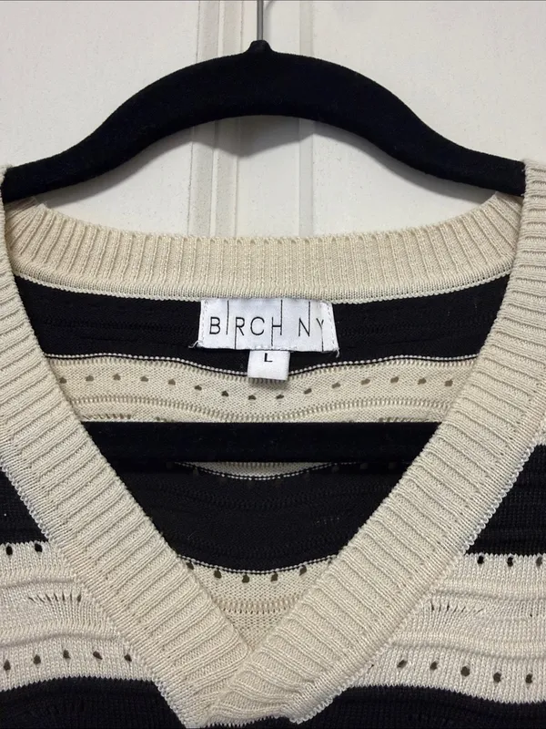 Striped V‑Neck Knit Mini Dress in Cream and Black - Image 6