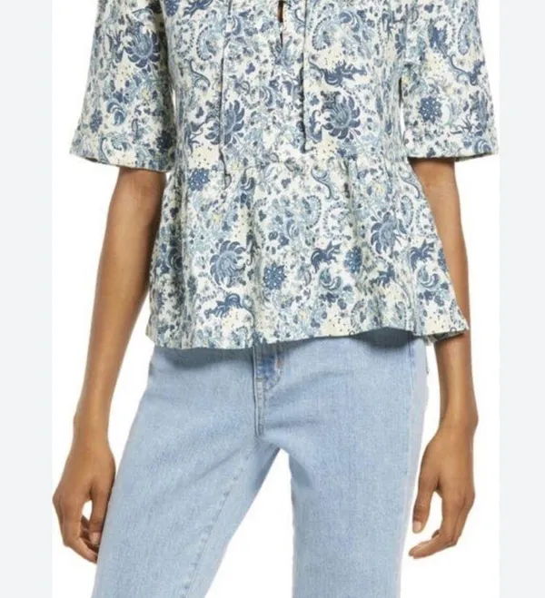 Faherty Womens Salinas Jacobean Top S Floral Lace Up Linen Floaty Blue Aviary - Image 2