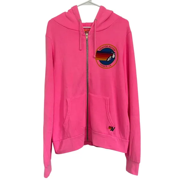 Aviator Nation Full Zip Hoodie Unisex Neon Pink Long Sleeve Pockets Logo Print L - Image 5