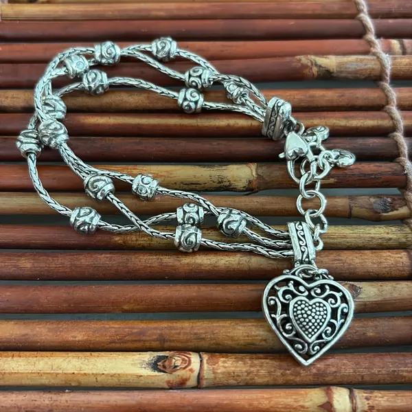 Brighton Three Strand Silver Heart Charm Bracelet with Crystal Accents - Image 5
