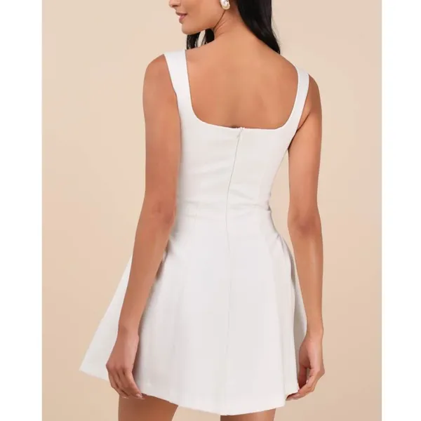 NEW Lulus Roetta White Sleeveless Square Neck Fitted Pleated Mini Dress Large - Image 2