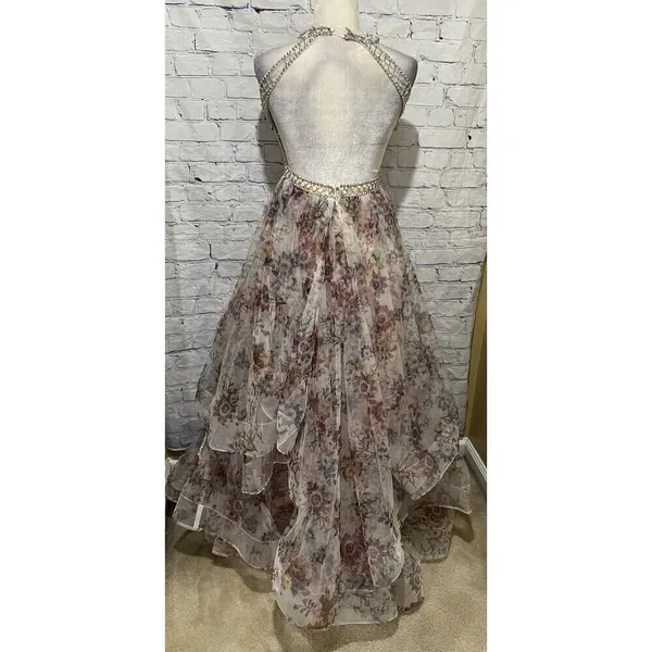Camille La Vie beaded bodice multi layer tulle floral Halter Neck gown Size 4 - Image 6