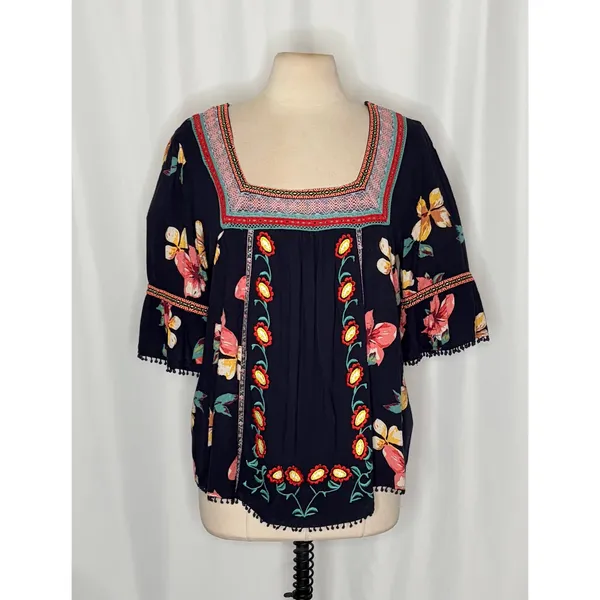 By ANTHROPOLOGIE Dakota Floral Embroidered Top Blouse Peasant Square‎ Neck Large - Image 2