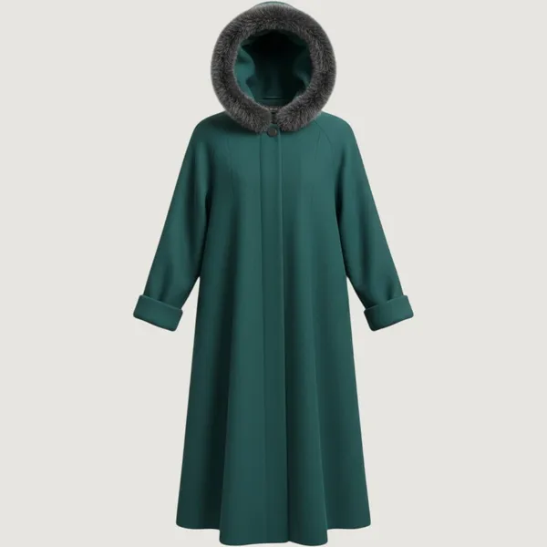 Donnybrook Wool Swing Coat Teal Green Rabbit Fur Trim Hood Vintage 90s Maxi 14 - Image 5