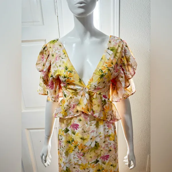 Vici Yellow Ruffle Sheer Maxi Chiffon Floral Maxi Dress Size Large J-51 - Image 3