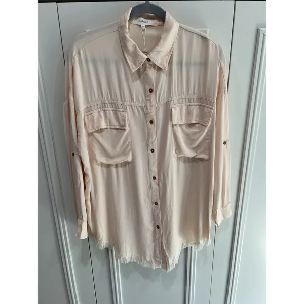 Bohme Boho Button-Up Tunic Shirt Peach Oversized Soft Girl Utility Raw Hem - Image 2