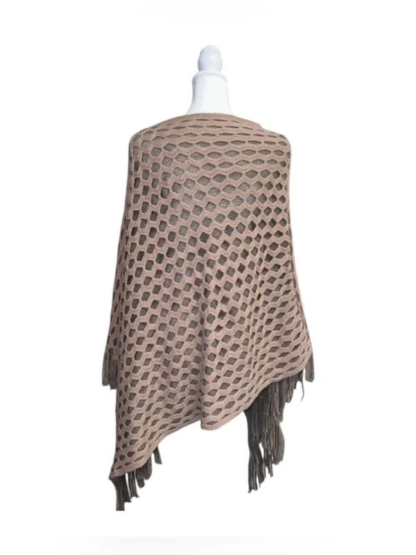 Do everything in love Elegant Taupe Open-Knit Fringe Poncho - Image 2