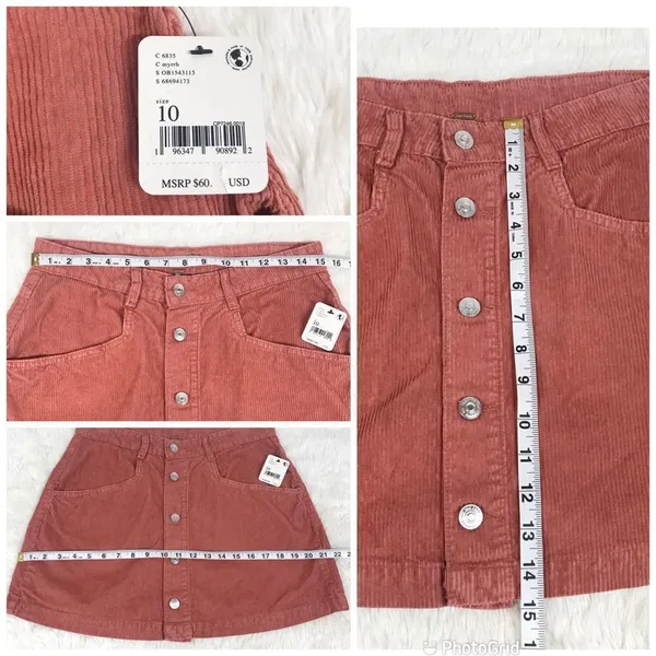 FREE PEOPLE‎ Ray Button Front Corduroy Mini Skirt Rust Pink Fall Size 10 New - Image 12
