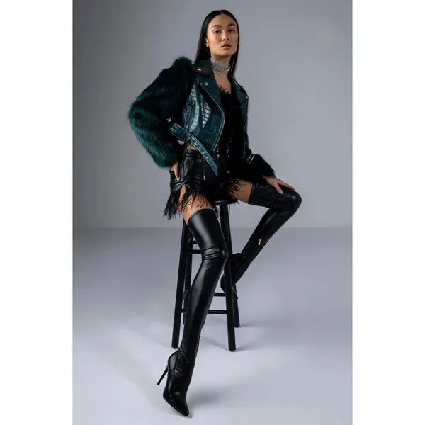 AZALEA WANG Nolla Faux Fur Arms Croc Moto Jacket Jade Green Vegan Leather Medium - Image 11