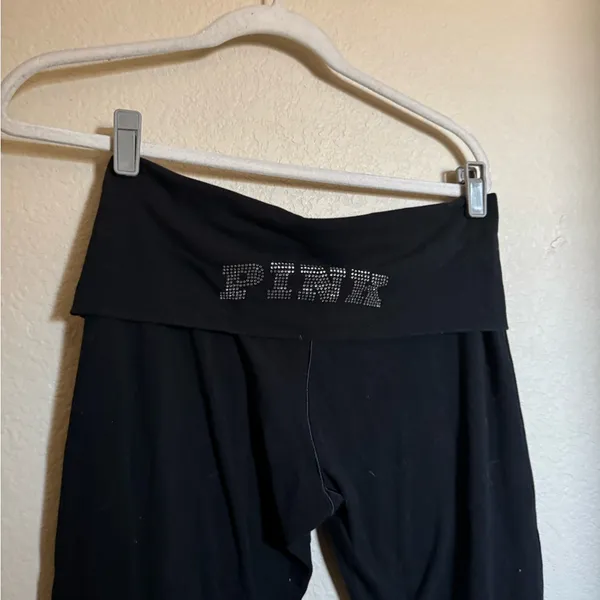 PINK‎ Victoria's Secret Rhinestone Embezzled Fold Over Flare Leggings Sz L Black - Image 2