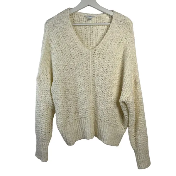 Time and Tru Large L 12-14 Tape Yarn Sweater Cream V-Neck Open Knit Pullover - Image 2