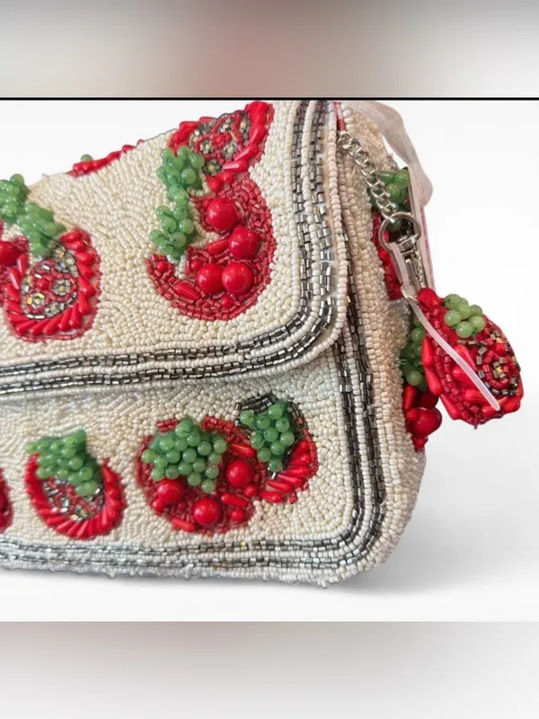 Beaded Cherry Shoulder Bag in Cream and Red - Image 8