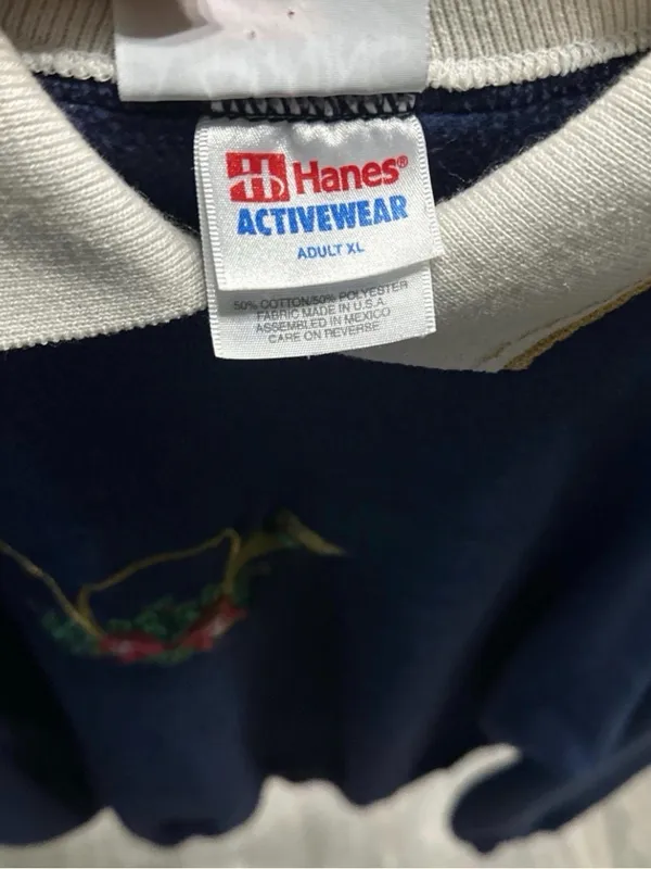 Vintage Hanes Navy Crewneck Sweater with Cream Collar Embroidered Horn size XL - Image 4