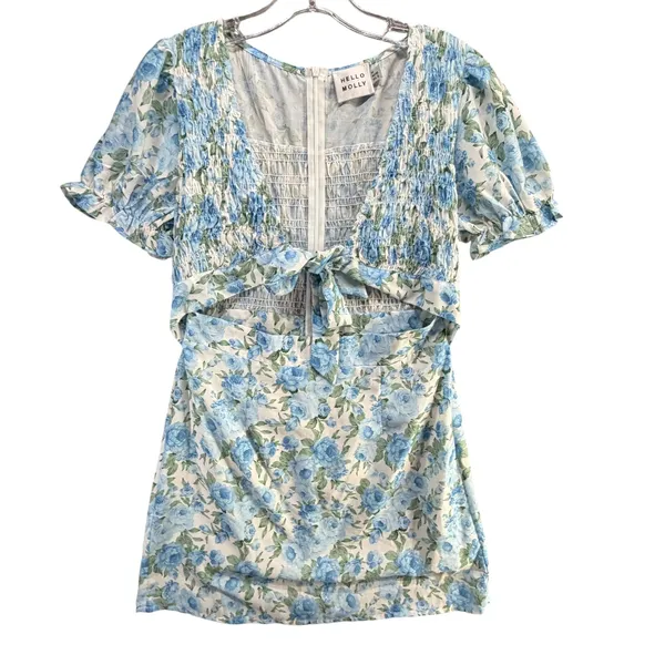 Hello Molly Picnic Loving Mini Dress Women M Blue Floral Smocked Cutout Coquette - Image 2
