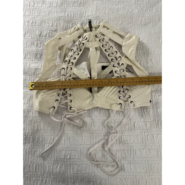 Dolls kill RUDE AWAKENING HARNESS BRA TOP Size Small Club Exx Ivory Faux Leather - Image 11