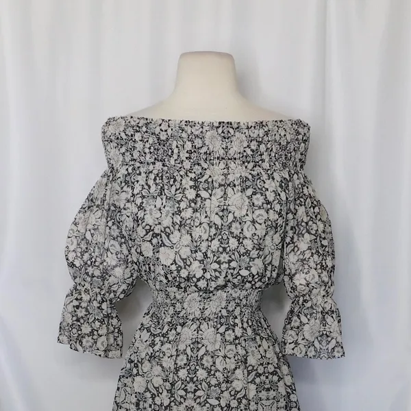 MISA Los Angeles Floral Smocked Midi Dress Black Gray Pink‎ Off Shoulder X-Small - Image 3