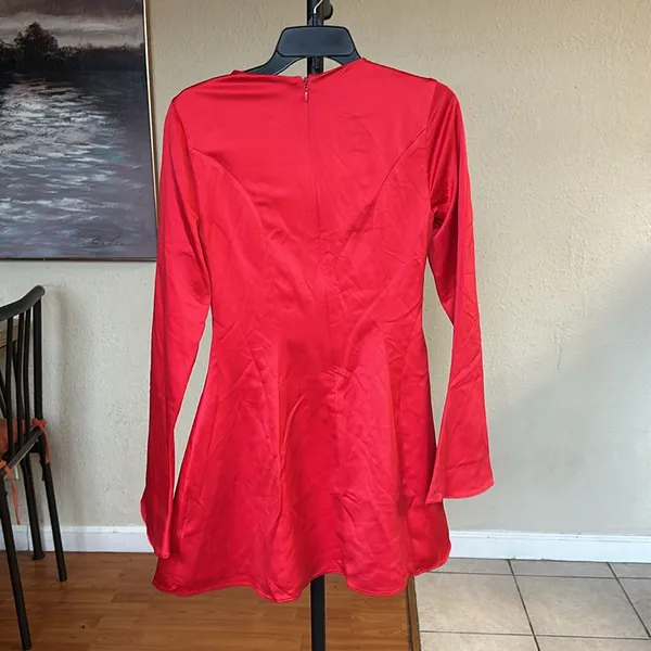 House of CB Sacha Red Satin Mini Dress‎ Long Flare Sleeve Bodycon Womens S - Image 8