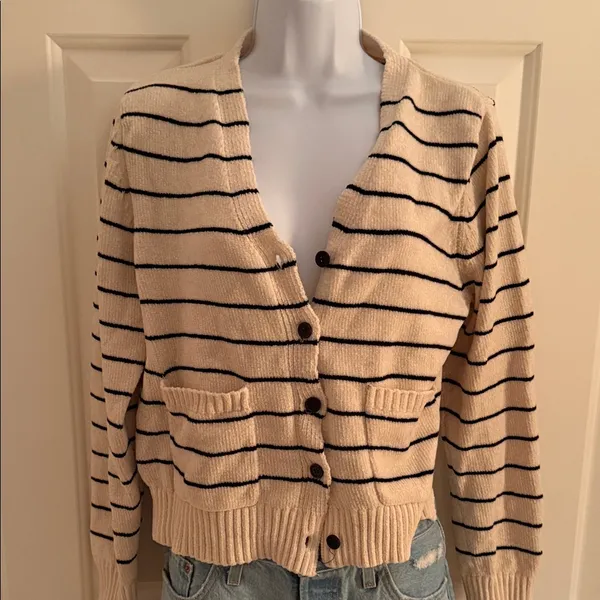 MOD REF Striped Beige Cropped Knit Cardigan Sweater - Image 2