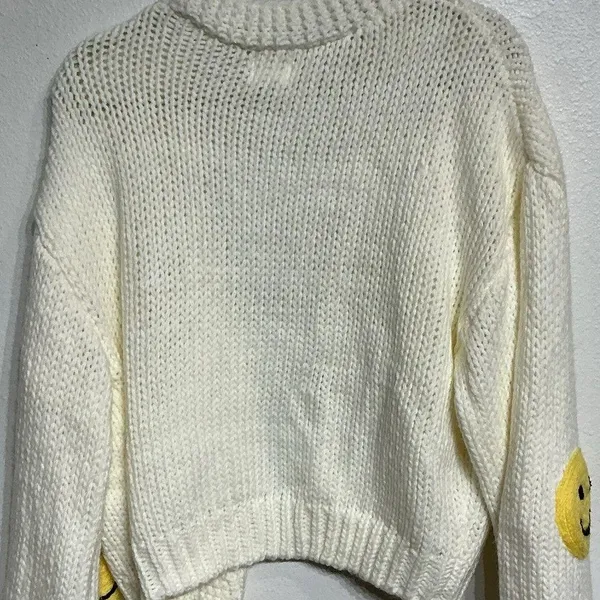 Luna Ivy White Smiley Face Chunky Knit Open Cardigan Sz M - Image 7