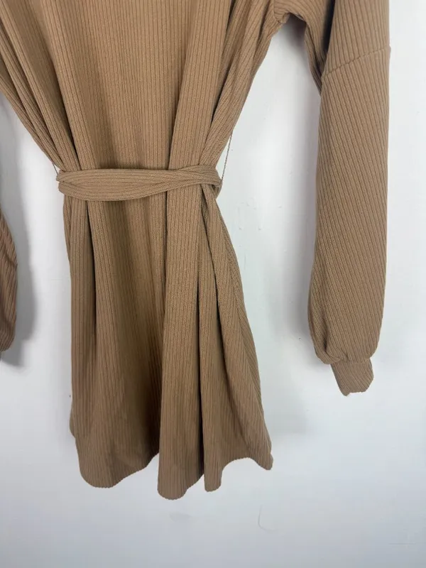 NWT Cupshe Belted Bishop Sleeve Rib Knit Mini Dress Brown Tan Size Medium M NEW - Image 10