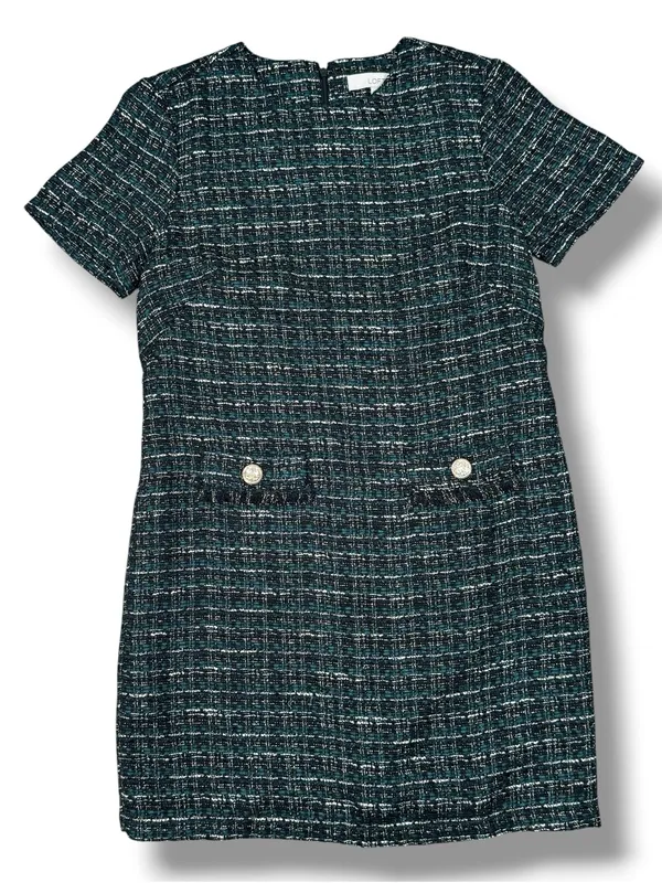Loft Tweed Front Pocket Shift Dress Black Teal Size 4 Preppy Office Retro Boucle - Image 14